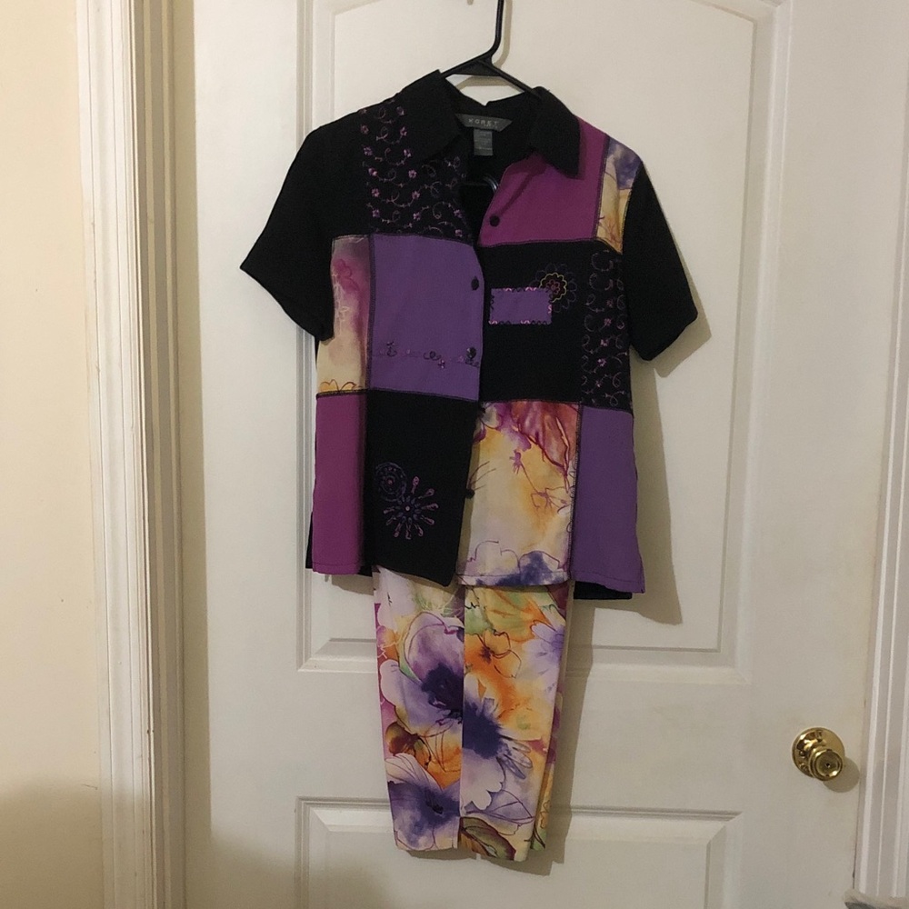 Koret Petite Black Top with Purple Floral Print
